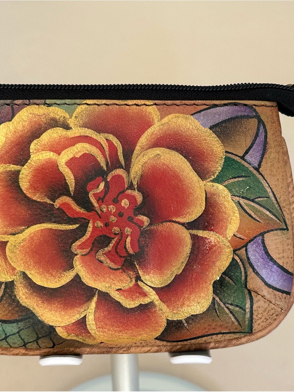 Anuschka Hand-Painted Floral Leather Wallet in Red, Gold, Green & Purple